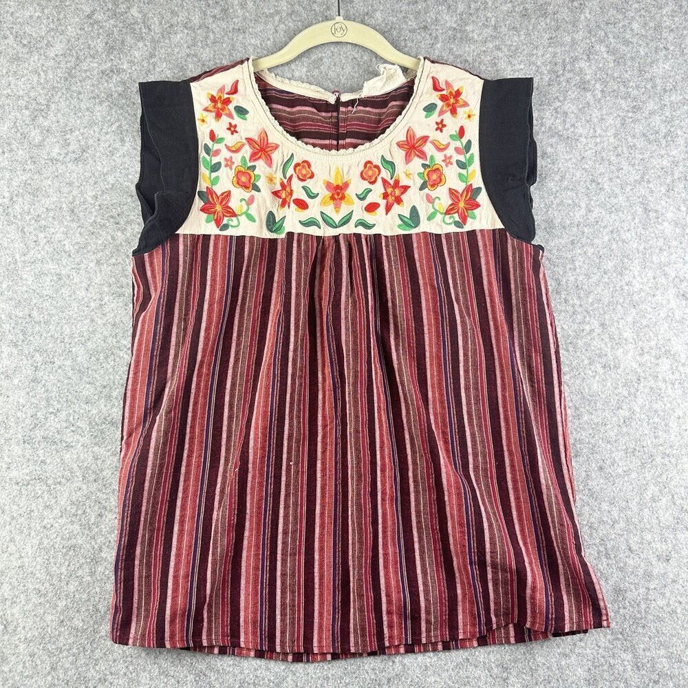 Savanna Jane Top Shirt Womens L Floral Embroidered Stripe Boho Cottage Coastal*